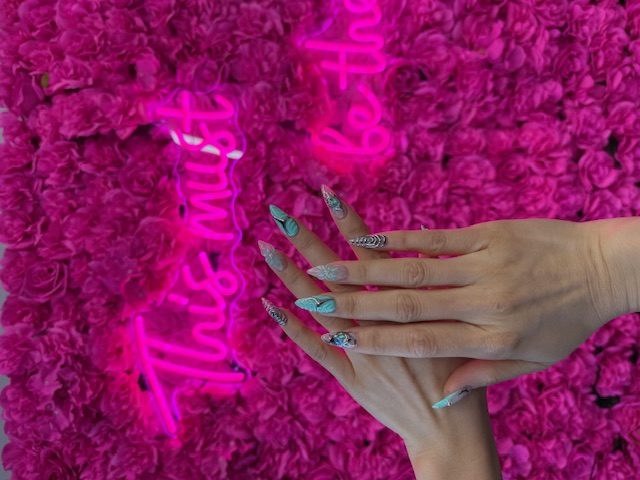 Mint & silver snowflake and butterfly art nails at Modish Nail Lounge Rancho Cucamonga