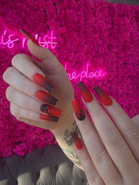 Red-to-black matte ombre with flame art nails at Modish Nail Lounge Rancho Cucamonga