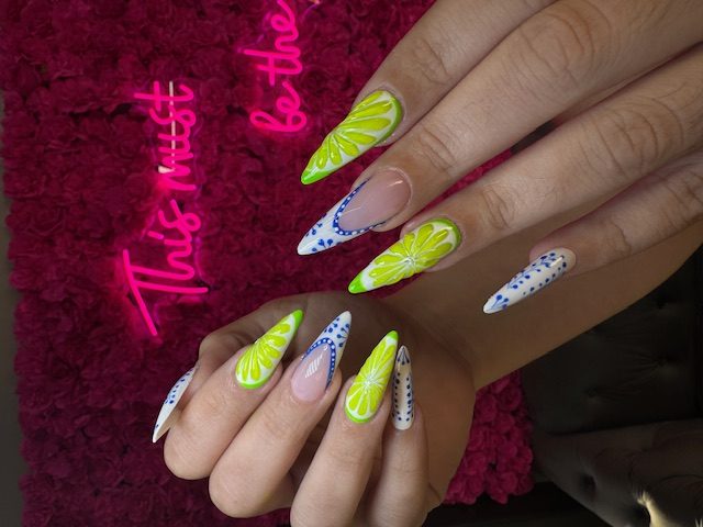 Lemon-slice citrus with blue accents nails at Modish Nail Lounge Rancho Cucamonga