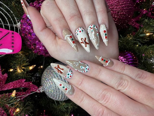 Gingerbread holiday set nails at Modish Nail Lounge Rancho Cucamonga