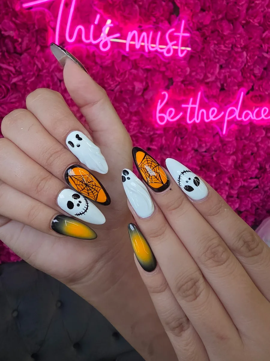 Ghost and spiderweb set with candy-corn ombre nails at Modish Nail Lounge Rancho Cucamonga