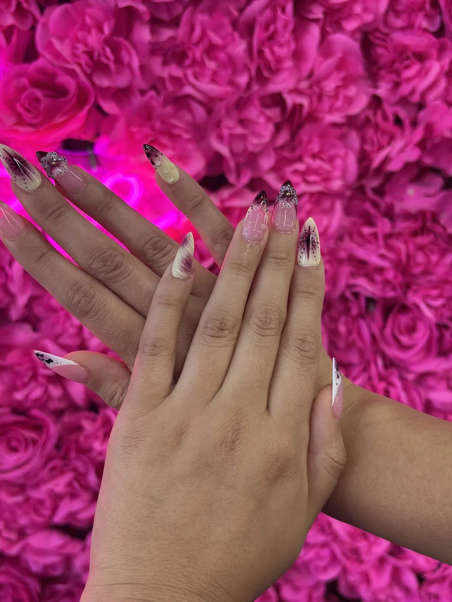 Sheer nude with fine black linework nails at Modish Nail Lounge Rancho Cucamonga