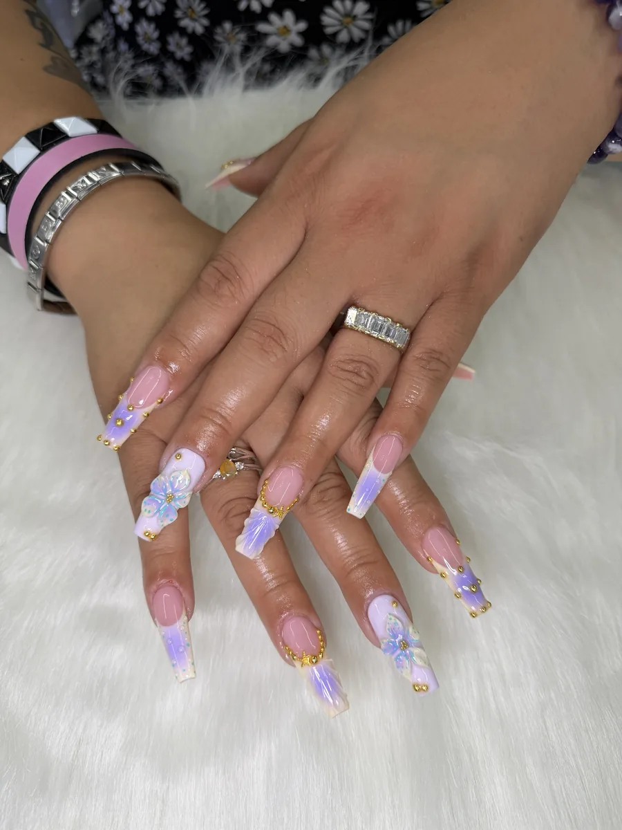 Lavender ombre with 3D florals and charms nails at Modish Nail Lounge Rancho Cucamonga