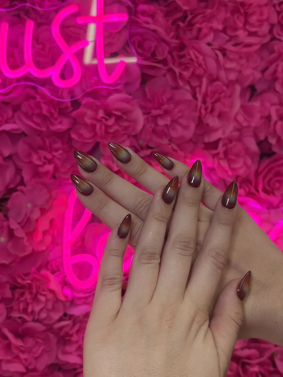 Amber and espresso ombre almonds nails at Modish Nail Lounge Rancho Cucamonga