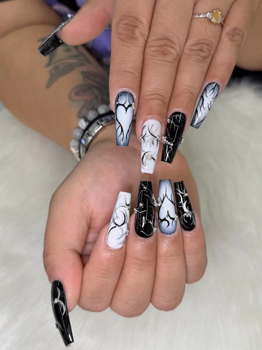 Black, white and grey abstract coffin nails at Modish Nail Lounge Rancho Cucamonga