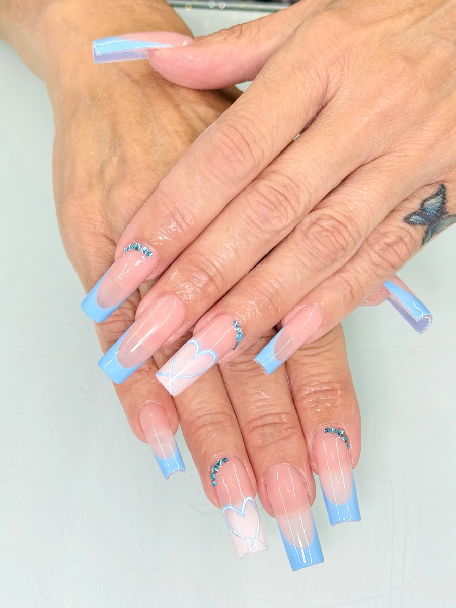 Baby blue French with chrome tips nails at Modish Nail Lounge Rancho Cucamonga