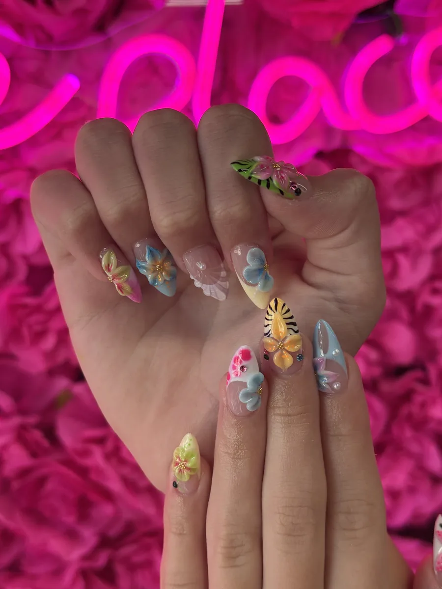 Tropical 3D florals in pastel tones nails at Modish Nail Lounge Rancho Cucamonga