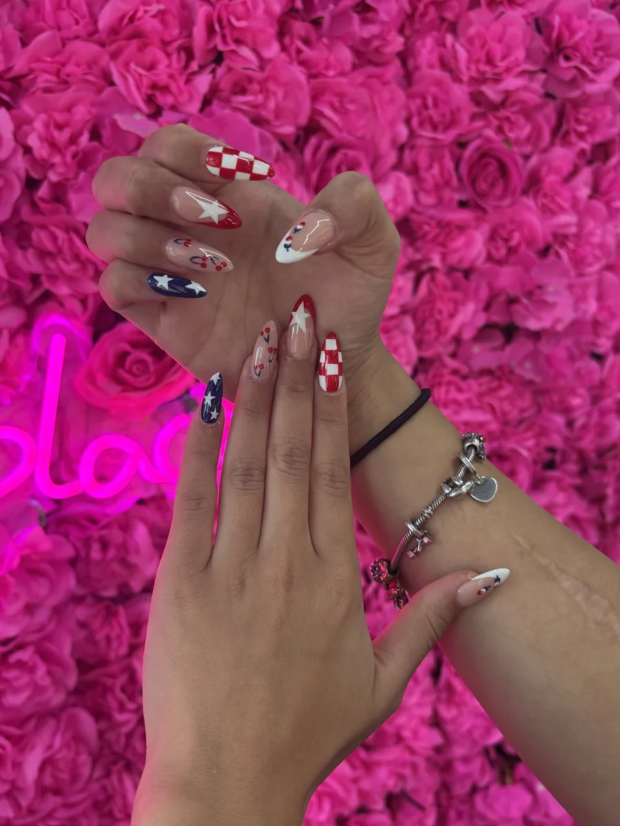 Americana set with checkerboard and stars nails at Modish Nail Lounge Rancho Cucamonga