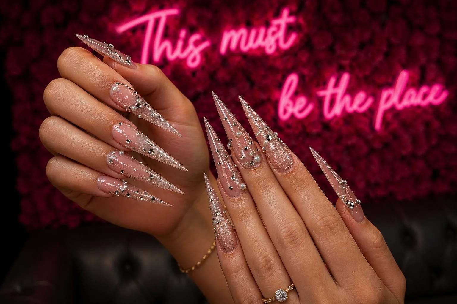 Crystal stiletto nail enhancements at Modish Nail Lounge Rancho Cucamonga