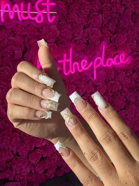 Green floral nails at Modish Nail Lounge Rancho Cucamonga