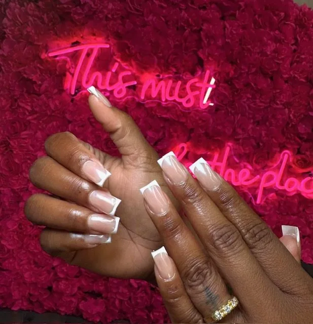 Pink cherry blossom nails at Modish Nail Lounge Rancho Cucamonga